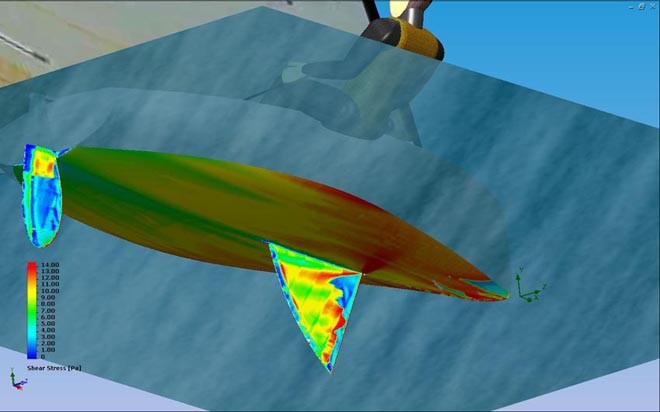 Shear stress is due to skin friction. It serves  well to indicate  where  the flow is separated, in dark blue areas where  shear stress is close to  zero. Here the rudder is stalled at 2/3 of its  depth. - Finn sail development cycle ©  Mikko Brummer/WB-Sails